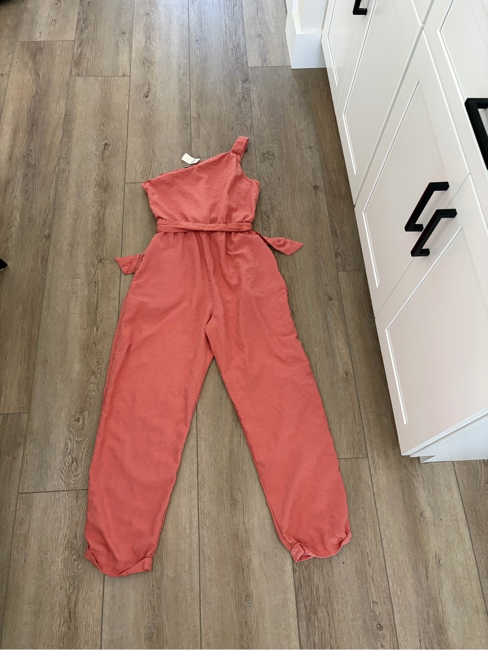 One-Shoulder Coral Tie-Waist Jumpsuit by